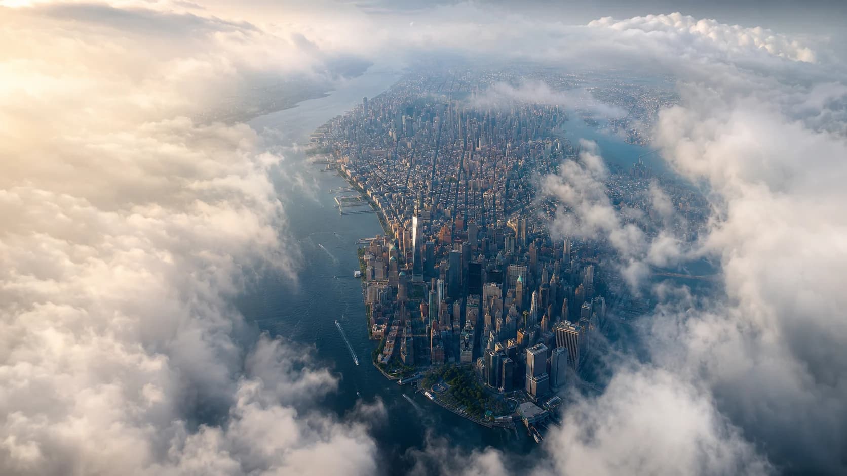 Aerial view of Manhattan from high above, the island framed by broken cloud at sunrise
