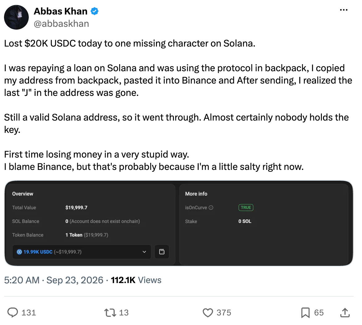 Tweet from @abbaskhan, 23 September 2026: “Lost $20K USDC today to one missing character on Solana.” The funds went to a valid address that almost certainly nobody holds the key to.